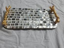 Bandeja de madera de diseño de lujo con hueso con incrustaciones de perlas madre para servir comida decorativa para el hogar para la bandeja de servicio de Ramadán - Product Image 2