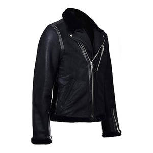 เสื้อแจ็คเก็ตหนังแกะบุขนแกะสีดำสำหรับผู้ชาย แจ็คเก็ตมอเตอร์ไซค์หนังแกะแท้บุขนสัตว์ อุ่นสบายสำหรับฤดูหนาว สไตล์คลาสสิก - Product Image 2