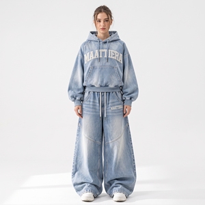 <b>Womens</b> Light Blue Denim Hoodie Tracksuit Set Oversized Pullover Washed Wide Leg <b>Baggy</b> <b>Jeans</b> Custom Wholesale Manufacturer - Product Image 1