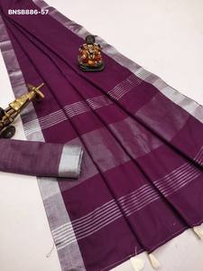 Ensemble Saree et Blouse en Lin de Qualité Supérieure avec Motifs Zari, Nouvelle Variété, pour Occasions Spéciales, Mode Féminine, Exportateur - Product Image 4