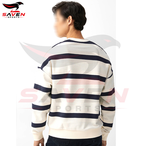Sweat-shirt rayé pour homme en gros, col rond, épaules tombantes, rayures horizontales blanc cassé et bleu marine, personnalisable, pour tenue décontractée - Product Image 2