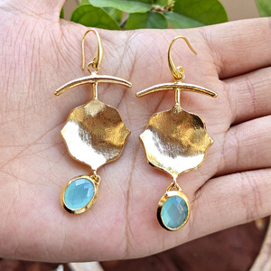 18K gold plated unique dangle drop <b>earrings</b> aqua chalcedony briolette oval stone handmade brass <b>hook</b> closure bezel set jewelry - Product Image 5