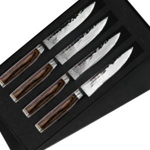 Ensemble de 4 couteaux à steak en acier inoxydable martelé, lames aiguisées avec manches en bois, coffret cadeau pour la découpe de viande de bœuf et de dîner - Product Image 4