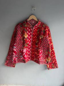 <b>Quilted</b> YELLOW GIFT FOR HER Cotton <b>Jacket</b> Women Floral <b>Pattern</b> Mandarin Collar Full Sleeve Autumn Regular Length Patch Pocket - Product Image 1