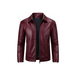Blouson moto pour homme en cuir PU marron avec fermeture éclair et poches, coupe classique, style automne - Product Image 2