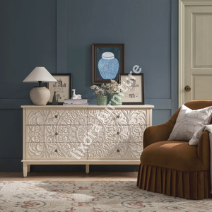 Luxury Handcrafted Solid Wood 6 Drawer Dresser Ornate Mandala Floral Carving Antique White Finish - Product Image 3