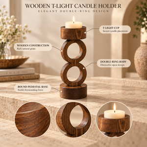Wooden <b>T</b> <b>Light</b> <b>Candle</b> Holder Double Ring Tealight Stand Rustic Table Decor Natural Grain Pedestal Accent | Freestanding Ornament - Product Image 5