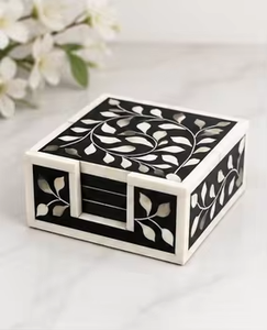 <b>Black</b> and White Leaf Pattern Square Handmade Bone Inlay <b>Coaster</b> Set From REHMAN CRAFT - Product Image 4