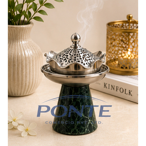 Quemador de incienso con base de mármol verde y tapa de filigrana metálica, incensario de Bakhoor Oud de estilo medioriental, soporte para fragancias de carbón árabe al por mayor - Product Image 4