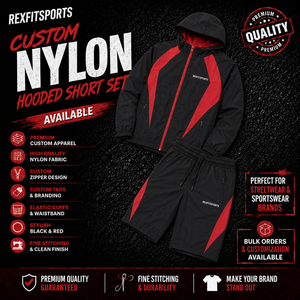 REXFIT SPORTS 2026 Custom <b>Men</b>’s Black Red Nylon Hooded <b>Jacket</b> and Shorts Set Full Zip Streetwear Sportswear Outfit - Product Image 1