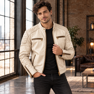 Chaqueta de cuero color marfil para hombre con cierre y hombros acolchados, chaqueta de motociclista color marfil para hombre con detalles acolchados. - Product Image 1