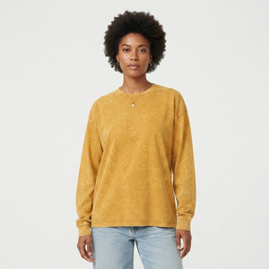 Camiseta de algodón de manga larga con cuello redondo y efecto lavado a la piedra para mujer, ajuste holgado, color liso, tejido transpirable, ideal para verano. - Product Image 1