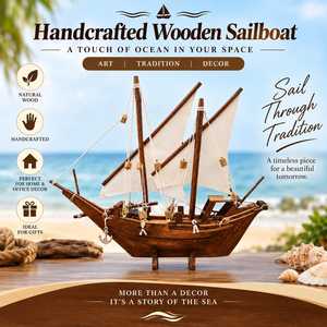 Modèle de bateau en bois artisanal décoratif pour la décoration nautique de la maison, du bureau ou de la table, idéal pour la décoration maritime et l'aménagement intérieur côtier. - Product Image 1