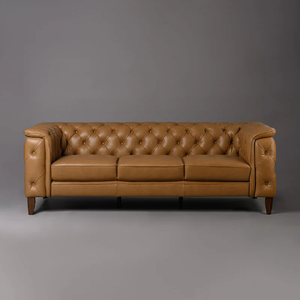 Canapé Chesterfield moderne de luxe à trois places en cuir véritable pour salon, meuble d'appoint de qualité supérieure - Product Image 1