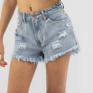 Shorts de Mezclilla Desgastados con Cintura Alta y Dobladillo Enrollado para Mujer, Personalizados en Algodón, Servicio OEM - Product Image 5