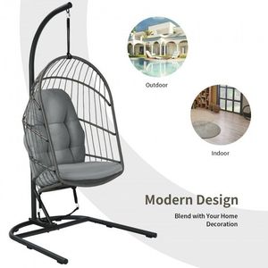 Sedia a dondolo sospesa in vimini con supporto e cuscino per patio - Product Image 5