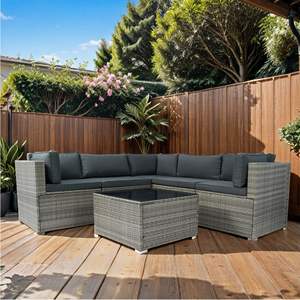 Divano da giardino componibile in 6 pezzi in Rattan in vimini grigio scuro con sedili imbottiti e cuscini grigi - Product Image 2