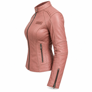 <b>Womens</b> Custom Dusty Rose Genuine Leather Racer <b>Jacket</b> Snap Button Neck Padded Sleeve Fitted Motorcycle Streetwear Darkry Top - Product Image 4