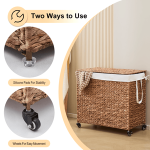 Cesto para Ropa Sucia de 160L, 3 Secciones, Tejido con Jacinto de Agua Natural, con Tapa y Ruedas, Diseño con Ruedas para Mayor Comodidad - Product Image 5