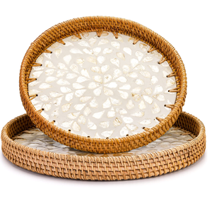 Plateau rond en rotin et nacre fait main, panier de rangement de cuisine en rotin, plateau durable en nacre - Product Image 5