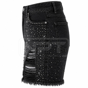 Professional Manufacturer 100% Cotton Rhinestone Distressed <b>Jeans</b> <b>Shorts</b> <b>High</b> <b>Waist</b> Custom Denim <b>Shorts</b> For Sale - Product Image 3