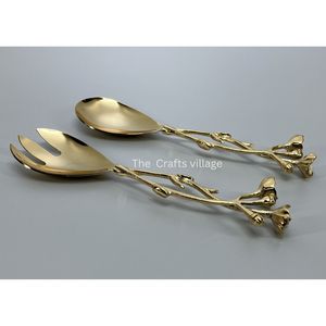 Elegant Metal Salad Serving <b>Spoon</b> and Fork Set Gold Finish Floral Branch Handle Kitchen Dining <b>Table</b> Accessories - Product Image 5