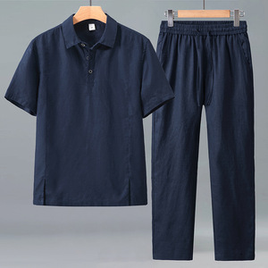 Ensemble polo et short en lin et coton pour homme, coupe ample, respirant, décontracté, tenue en deux pièces - Product Image 4