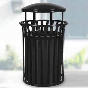 Outdoor Metal Waste <b>Bin</b> Cylindrical With <b>Lid</b> Classic Style Indoor Outdoor Use Black Color Rustproof Slatted Garbage Pail - Product Image 1