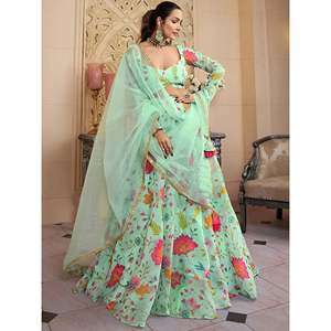 Ensemble Lehenga Choli en organza imprimé floral vert pour femmes avec dupatta - Product Image 2