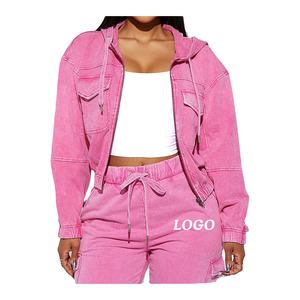 Conjunto de chándal de felpa francesa de algodón para mujer desgastado con lavado ácido Vintage de alta calidad Sudadera con capucha y pantalones de chándal personalizados con parte superior - Product Image 2