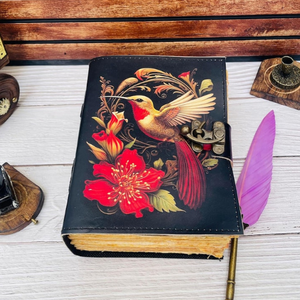 สมุดบันทึกหนังวินเทจลายพิมพ์นกฮัมมิงเบิร์ด สมุดสวดมนต์ทำมือ สมุดวาดภาพ กระดาษขอบหยัก ลายดอกไม้แบบกำหนดเอง - Product Image 2