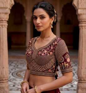 Embroidered Silk Choli <b>Top</b> Women Traditional Indian <b>Wedding</b> Blouse Maroon Gold Floral Design Crop Length Regular Fit - Product Image 3