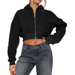 Sudadera con capucha corta para mujer con cremallera, hombros caídos, manga larga, top de moda, logotipo personalizado, ropa urbana, producción al por mayor de fábrica - Product Image 1