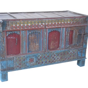 Haswani Handicrafts Durable Wooden Majuce <b>Chest</b> Hand Painted Antique Rustic Solid Wood <b>Storage</b> Trunk Vintage Carved Decorative - Product Image 1