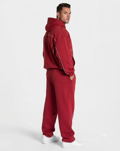 Wholesale Men's Cherry <b>Oversized</b> Contrastline Custom Tracksuit Set Premium Quality Cotton Fleece Hoodie & Wide Leg <b>Sweatpants</b> - Product Image 2