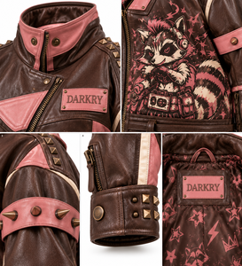 Oferta del Fabricante: Chaqueta Bomber de Cuero Genuino Marrón para Mujer con Diseño Gráfico Vintage de Mapache y Tachuelas, OEM/ODM - Product Image 6