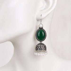 Handmade Oxidized <b>Silver</b> Green Oval Stone Pearl Drop Jhumka <b>Earrings</b> - Product Image 1