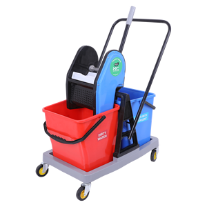 Chariot de nettoyage portable à double seau avec presse latérale en plastique, réservoirs rouges et bleus de 21-25L, fabriqué en Inde - Product Image 3