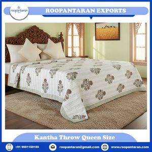 Premium Cotton Sanganer Kantha Queen Size <b>Throws</b> Hand Block Printed <b>Large</b> Width Handmade Indian Quilts Bedrooms Bedding Decor - Product Image 2
