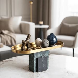 Luxury Gold Metal Decorative Tray Marble Base Pedestal Jewelry Display Plate Modern Living Room <b>Coffee</b> <b>Table</b> Centerpiece Decor - Product Image 1