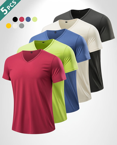 Men's V-Neck Short Sleeve Solid Color Quick Dry T-Shirt Regular Fit Casual Knitted Polyester 5-<b>Pack</b> made Bangladesh manufacture - Product Image 1