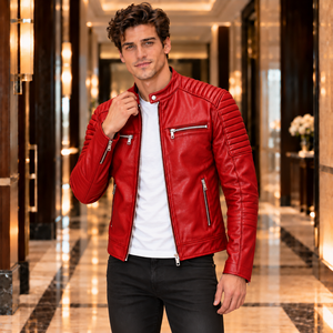 <b>Genuine</b> Red <b>Leather</b> <b>Jacket</b> for <b>Men</b> Premium Motorcycle Coat <b>Leather</b> Texture Lapel Design Metal Hardware Quilted Sleeve Style - Product Image 3
