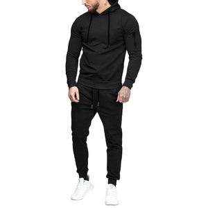 Ensemble de survêtement décontracté pour homme, noir, à capuche, design 2-en-1, écologique, respirant, manches longues, couleur unie, avec pantalon à cordon de serrage et sweat-shirt - Product Image 1