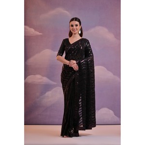 TREANDING GEORGETTE SECUENCIA BORDADO TRABAJO SAREE CON BLUSA SIN COSTAR NEGRO - Product Image 1