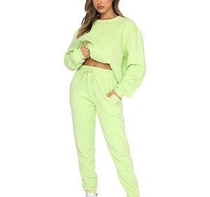 Conjunto de Sudadera y Pantalones Deportivos Extra Grandes para Mujer, Color Verde Lima, Hombros Caídos, Manga Larga, Color Sólido, Tejido de Mezcla de Algodón, Estilo Casual - Product Image 1