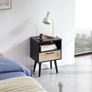Comodino Moderno Nero da 40 cm con Cassetto e Gambe in Legno Massello, Tavolino Laterale in Rattan per Camera da Letto o Soggiorno - Product Image 2