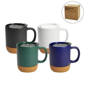 Mug en céramique moderne de 385 ml avec couvercle à motif logo et base en liège pour cadeaux promotionnels - Product Image 3
