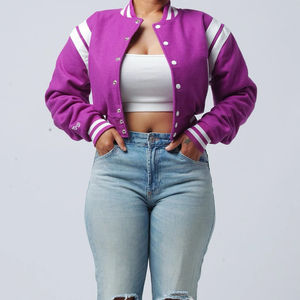 Premium Quality Ladies Plus Size Quilted Baseball Varsity Jackets Women's Wool Crop Top with Detachable Sleeves Wholesale - Product Image 3