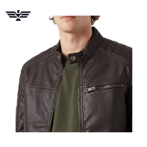 Chaqueta de Motociclista para Hombre, de Cuero Genuino Marrón, Transpirable, con Relleno, Cuello Alto, Cierre de Cremallera, Color Sólido, Corte Ajustado, para Otoño - Product Image 5