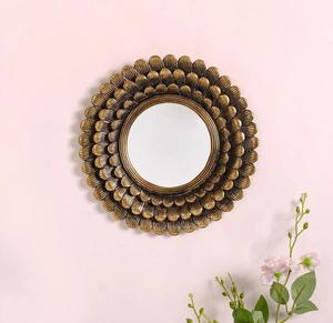 Round Bohemian Decorative Wall <b>Mirror</b> with Scalloped Brass Frame for Living Room Bedroom - Product Image 1